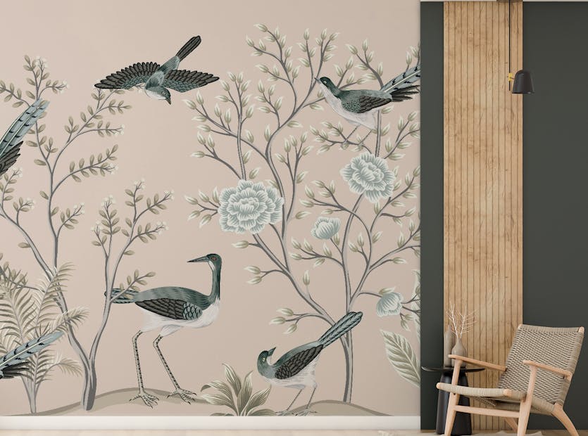 Peel and Stick Cream Color Crane Birds on the Vintage Tree Wallpaper Mural