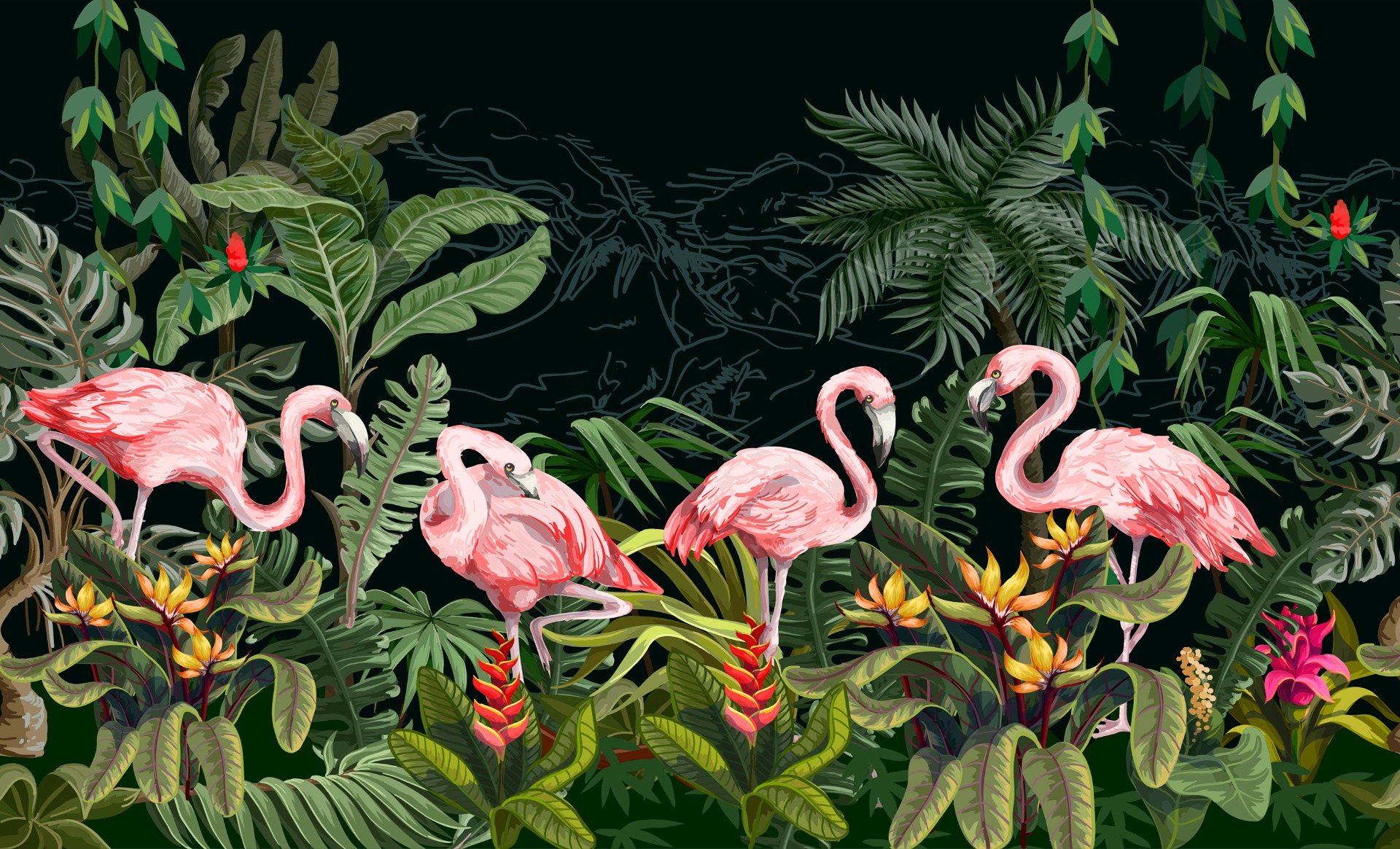 Tropical Flamingo - Peel ＆ Stick Fabric Wallpaper (96 inches